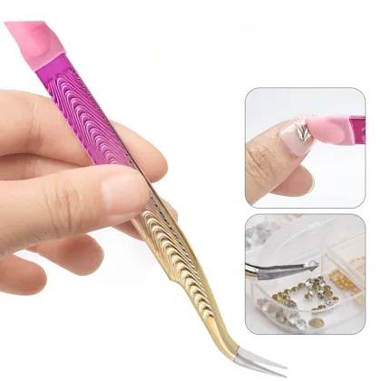 Shine Tweezers Nail Art Pointed and Curved Nail Tweezers with Silicone Tipped Pinch for Rhinestones