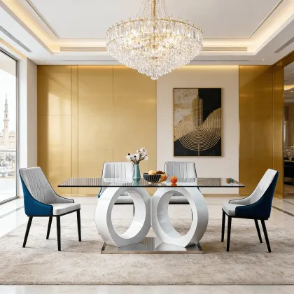 Double Ring Glass Dining Table with Blue Chairs
