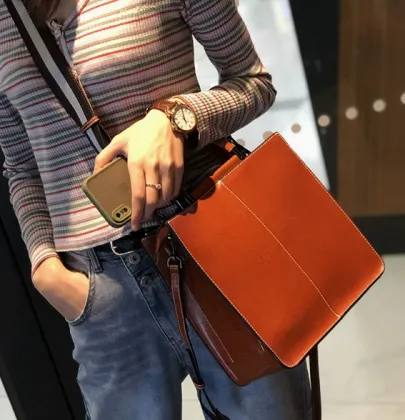 Genuine Cow Leather Vintage Bucket Shoulder Bag