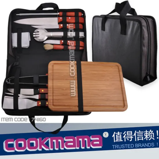 12pcs wood handleStainless Steel BBQ & Carving Sets with bamboo cutting board