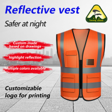 Colete de segurança em tecido de malha com zíper e vários bolsos laranja