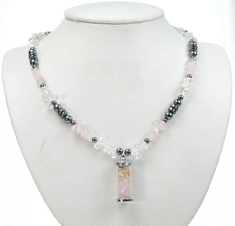 Hematite Bottle Pendant Neckace con cuarzo rosa