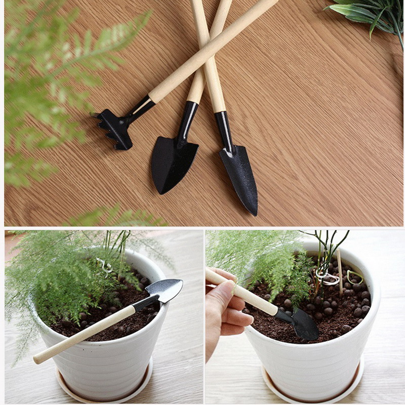 3pcs/Set Mini Gardening Tools Wood Handle Stainless Steel Potted Plants Shovel Rake Spade for Flowers Potted Plant Metal Head
