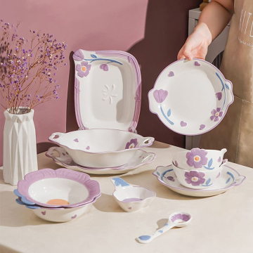Cute Purple Flower Ceramic Soup Bowl Set - Light Luxury Household Dishware