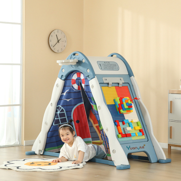 5-in-1 Multi-Function Kids Indoor Playhouse with Slide, Blocks, Toys, and Drawing Board