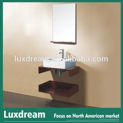 Wooden shelf clear glass vessel basin simple bathroom cabinets