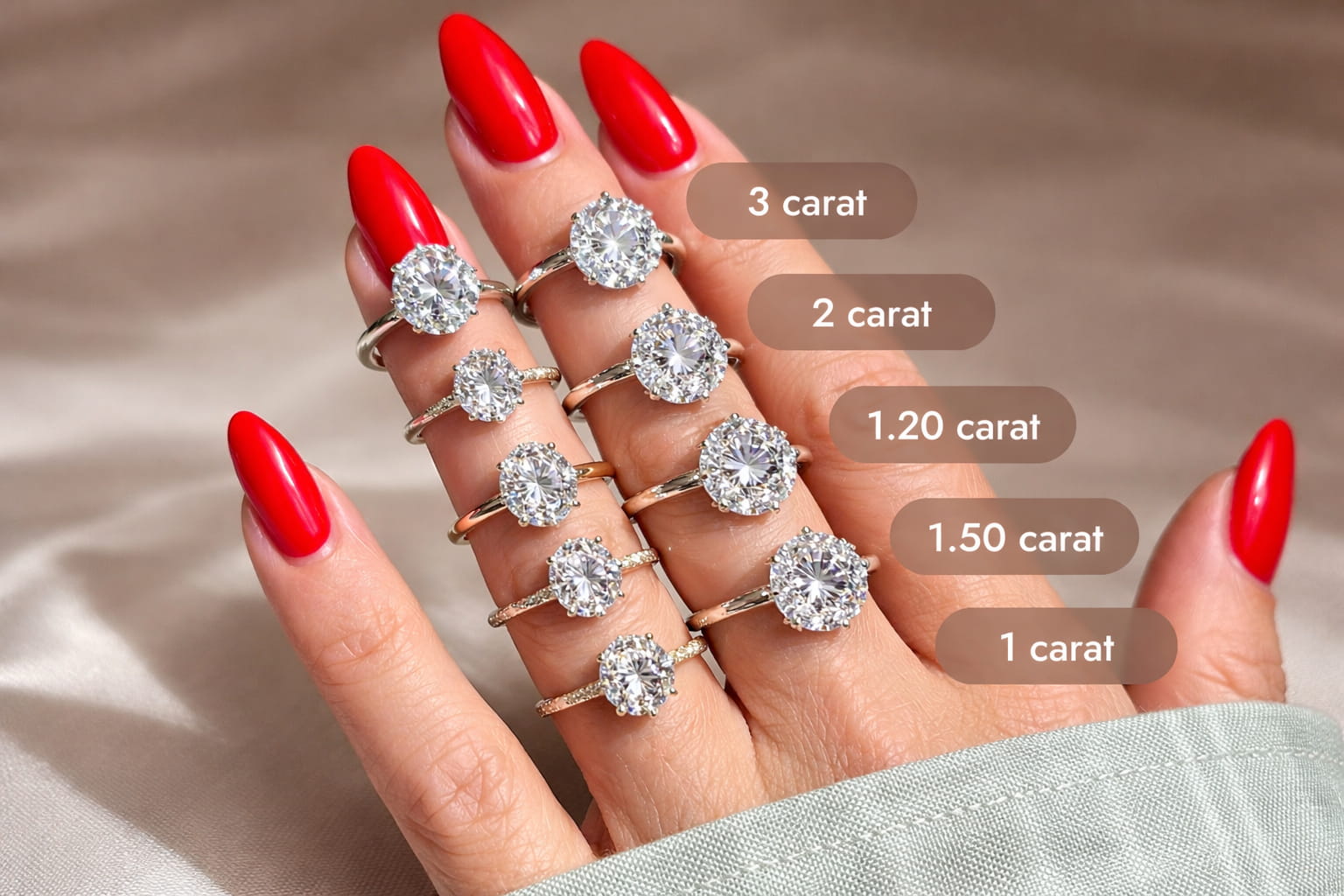 inel de logodnă comparație dimensiuni diferite carate la scară reală deget