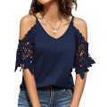 Cold Shoulder Lace Trim V Neck Half Sleeve