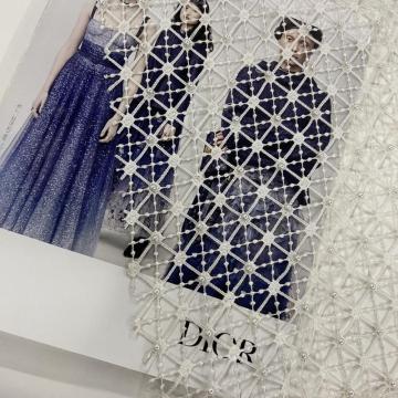 Gorgeous Pearls  on Hollow Checks Embroidery Fabircs