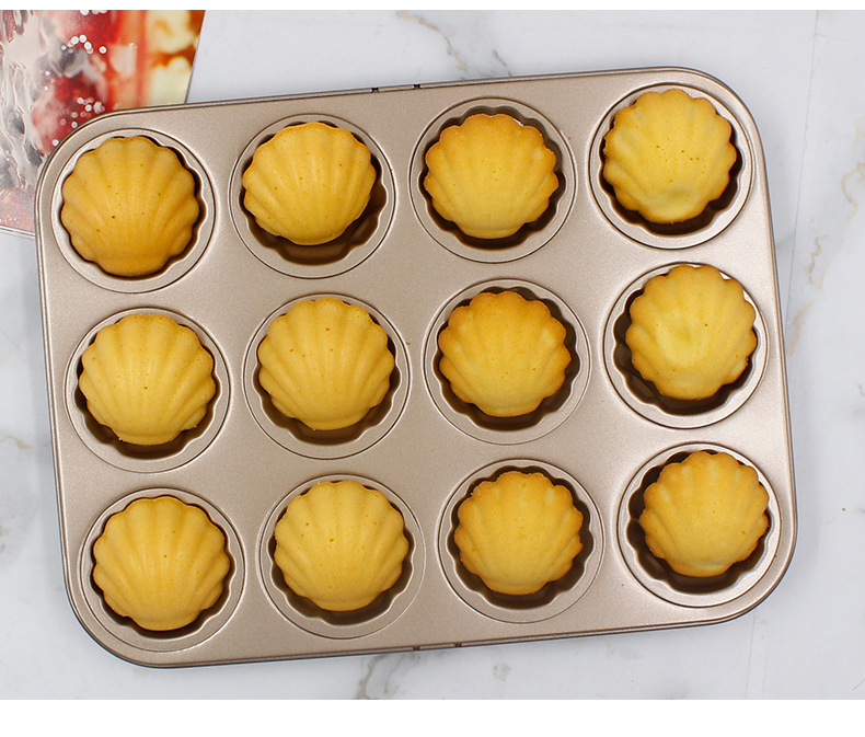 12 moldes antiadherentes para tartas de Madeleine (dorado)