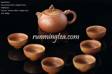 Handmade Crude Ceramic Tea Set, One Tea Pot+ 6 Tea Cups, Brown color, Package Gift Box