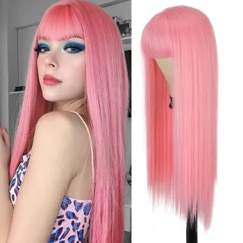 Pink Straight Wigs with Bang Long Wig for Women Cosplay Wig with Bangs Halloween 26 Inch