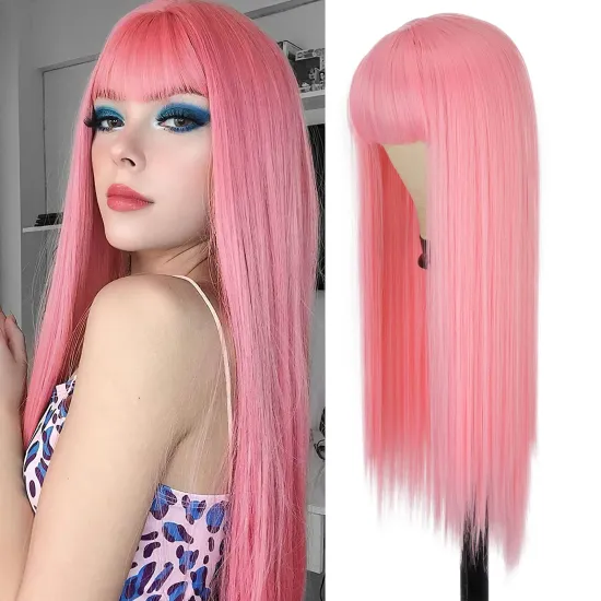 Pink Straight Wigs with Bang Long Wig for Women Cosplay Wig with Bangs Halloween 26 Inch