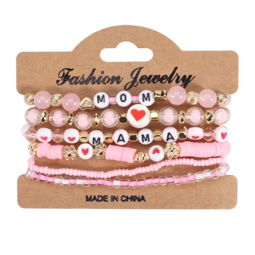 Cinta Wanita Ibu Mama Gelang Surat Boho Pink Manik Bergantung Stackable Gelang Set - Hadiah Hari Ibu