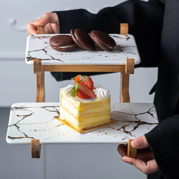 Modern 2 Tier Marble Cake Stand with Bamboo Rack