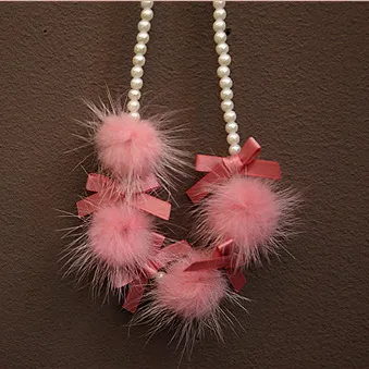 Cute Candy Color Pom Pom Pearl Ribbon Knot Necklace For kids