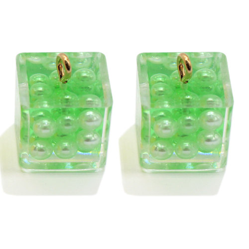 14mm Cube Tranparent Resin Beads with Simulation Pear Beads Filling Pendant Resin Charms for Earring Necklace Making Accessory