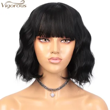 Vigorous Short Wavy Wig with Bangs for Black Women Synthetic Natural Black Hair Heat Resistant Fiber Bob Wigs
