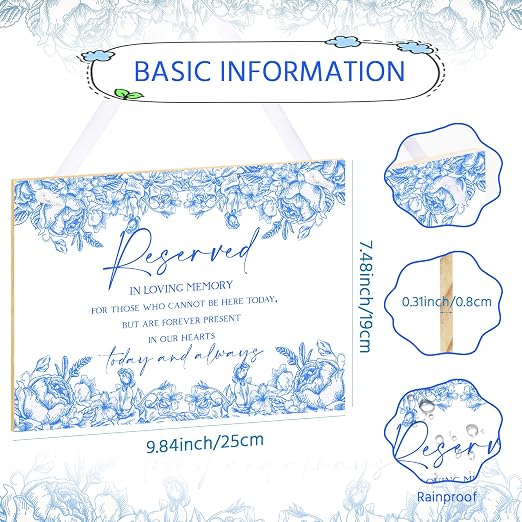 Blue Sketch Floral Memorial Wooden Wedding Plaque
