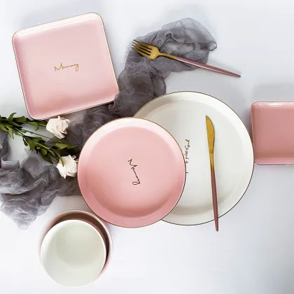 HOT products  matte pink ceramics dinnerware porcelain ceramic tableware with gold rim  Dinnerware+Sets