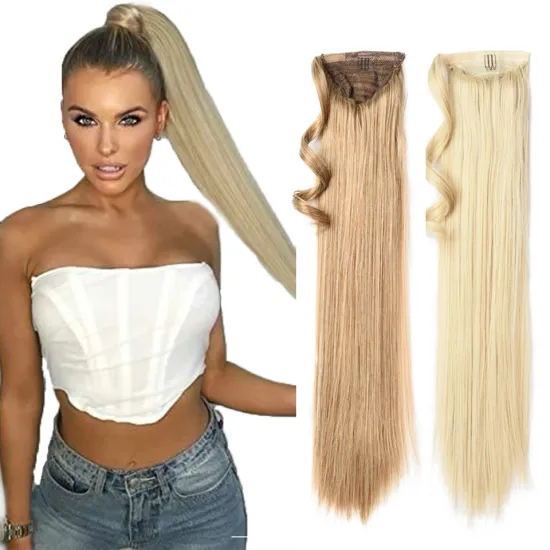 High Quality 24 inch Blonde Soft Long Straight Drawstring Ponytail Hairpiece With Hairpins Hair Extensions Synthetic Ponytail
