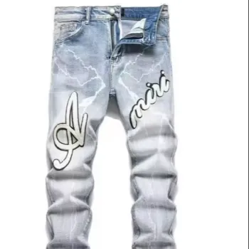 AM Men's Retro Punk Blue Jeans - Casual Straight, Distressed Stretch Denim Fabric