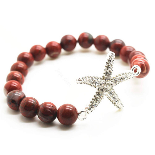 Red Jasper 8MM Round Beads Stretch Gemstone Bracelet with Diamante alloy starfish Piece