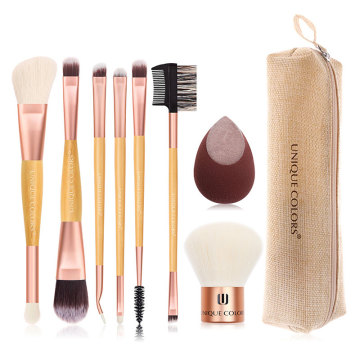 Private Label Bamboo Handle Makeup Brushes Set - 8 Pcs Including Kabuki Brush and Flocked Sponge