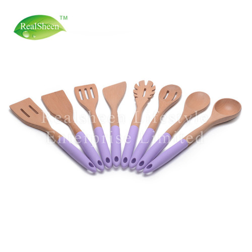 Ensemble d&#39;ustensiles de cuisine en bois avec manche en silicone de couleur