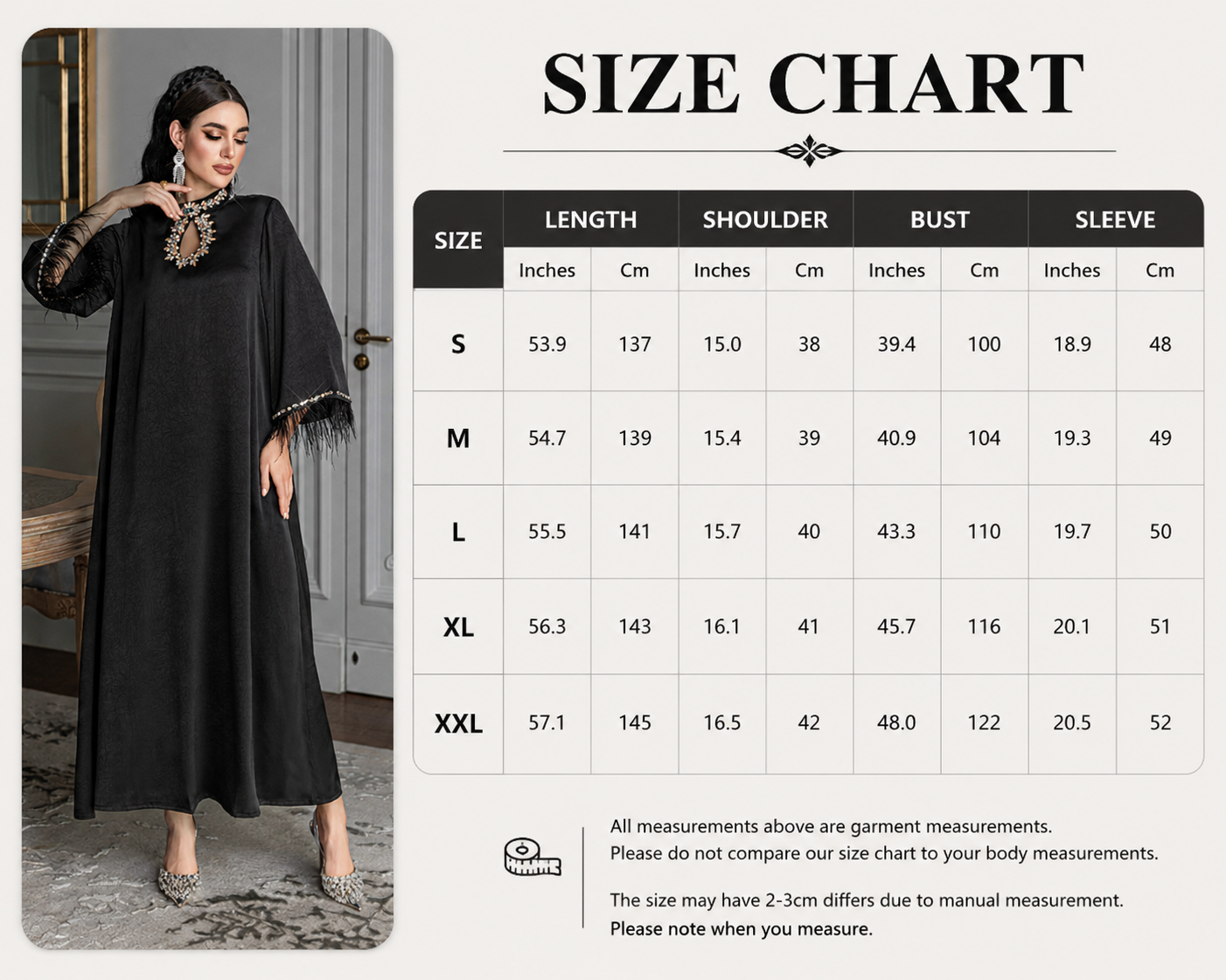 Black Feather Satin Abaya Dress