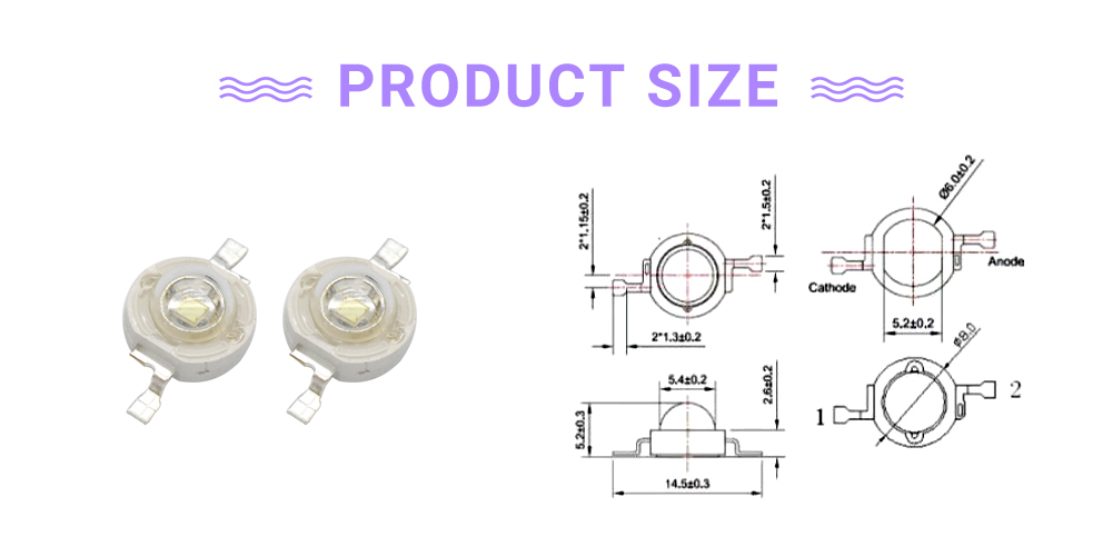 Size of 8080UVC40P45I1A 3W High Power LEDs UV 400nm Ultraviolet LED