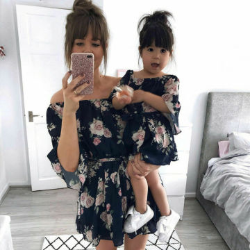 Mother Daughter Dresses Floral Summer Fashion Off shoulder A-Line Belt Mom Girls Dresses Family Matching Outfits Sundress