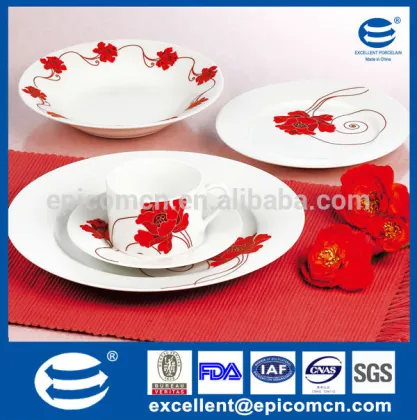clear red folwer decorated 20 pcs round ceramic red tableware porcelain plates
