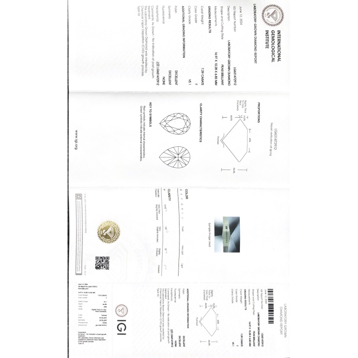เพชร CVD Pear Cut 7.29CT F VS1 ขัดเงาดีเยี่ยม