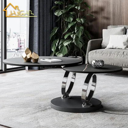 Black Rotating Coffee Table with Marble Ceramic Top and Metal Base - Two Tables Together
