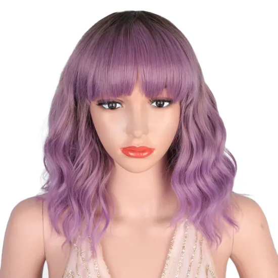 Fashion Factory Top Quality Ombre Black Purple Glueless Short Curly Marly With Bang Synthetic Hair Bob Wig