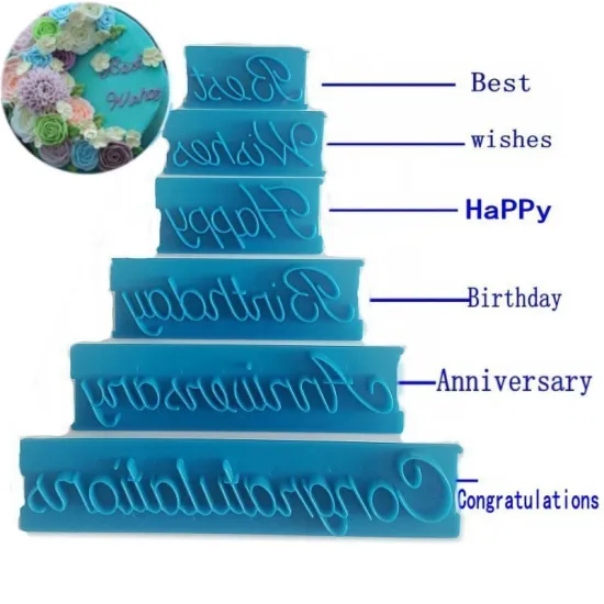 6pcs/set Handwriting Fondant Cake Embosser Plastic Letters Mold Happy Birthday Best Wishes Anniversary Dough Cutter Cookie Tools