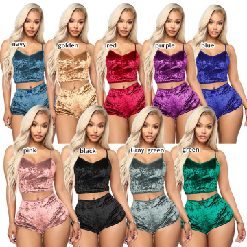 Sexy Velvet Crop Top and Shorts Set for Women's Sleepwear