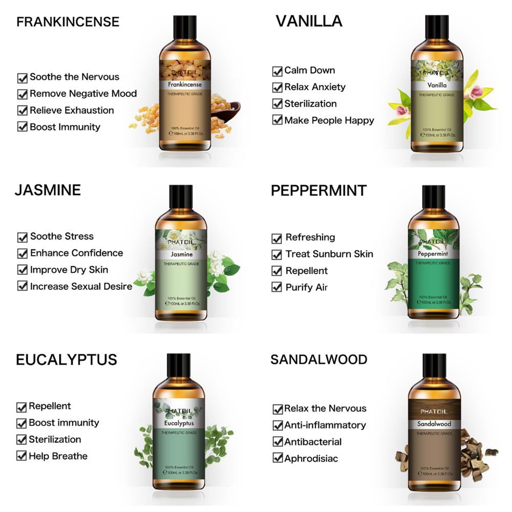 100ml Eucalyptus Essential Oil Diffuser Pure Natural Essential Oils Rose Lavender Jasmine Vanilla Mint Shea Butter Tea Tree Oil