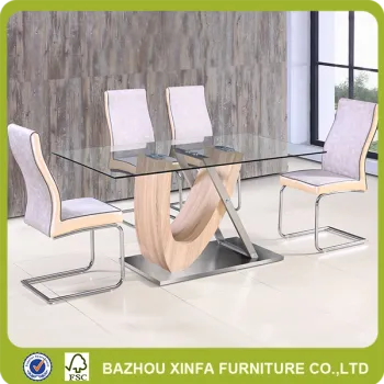 Popular rectangle glass top U shape wood leg dining table and chair