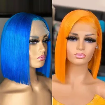 brazilian blue bob lace front human hair wig, blue bob lace closure frontal wig