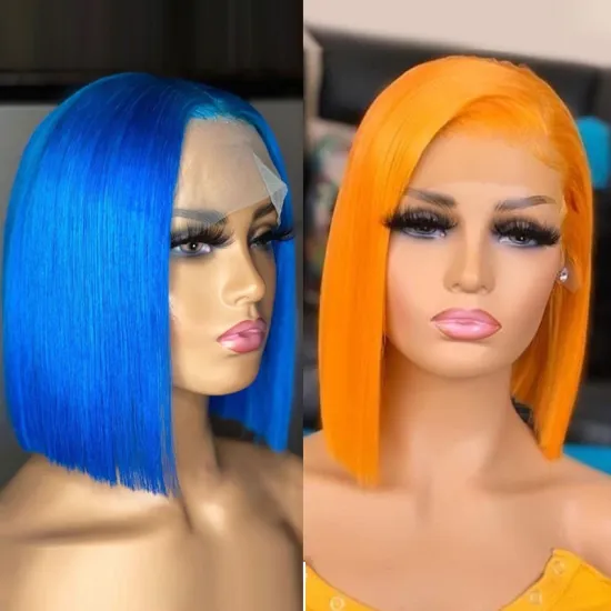 brazilian blue bob lace front human hair wig, blue bob lace closure frontal wig