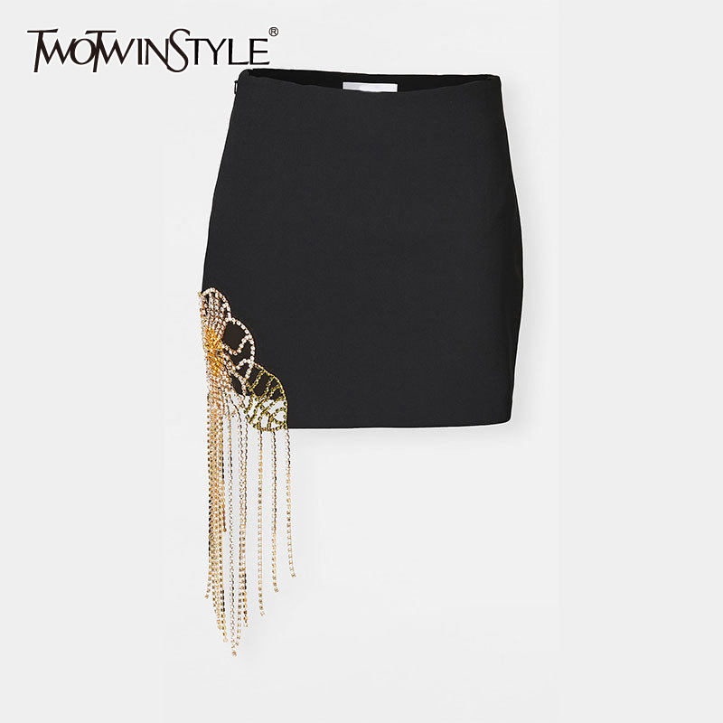 TWOTWINSTYLE Elegant Asymmetrical Women Skirt High Waist Patchwork Diamonds Hollow Out Tassel Hi Color Skirts For Female Clothes