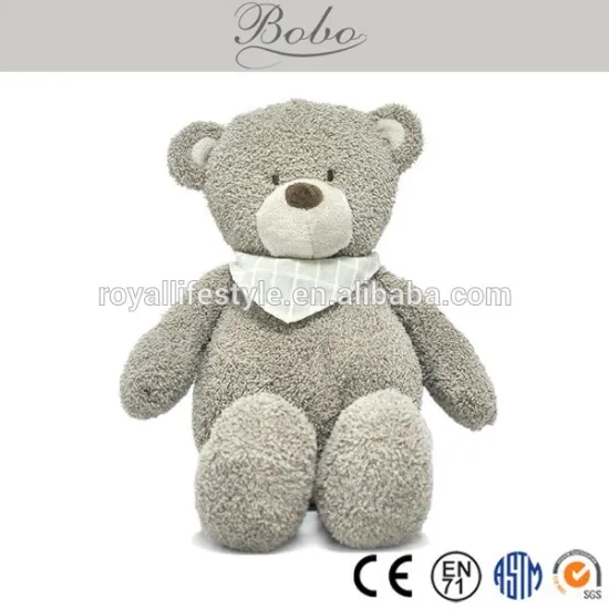 Fuzzy light brown teddy bear plush toy with checked scarf - 9.84"H