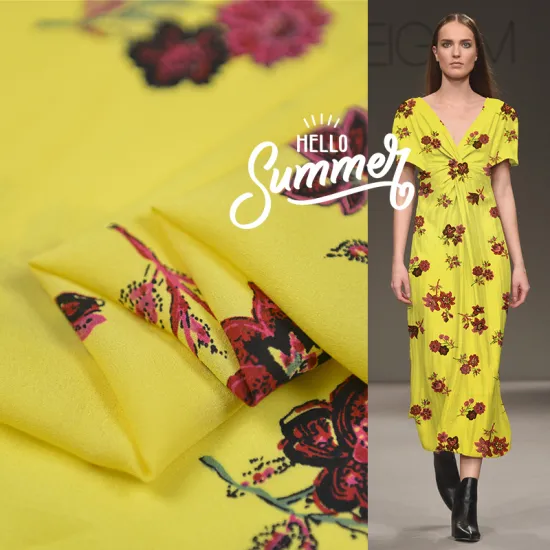 Floral on bright yellow pure silk Jianhong crepe fabric natural mulberry silk,SJHC074