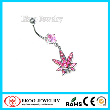 316L Surgical Steel Pink Rhinestone Palm Leaf Dangling Belly Piercing