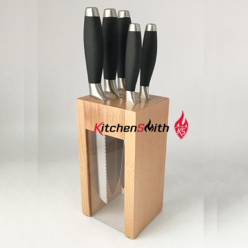 Hot sale 6pcs kitchen knife block set with black TPR hollow handle