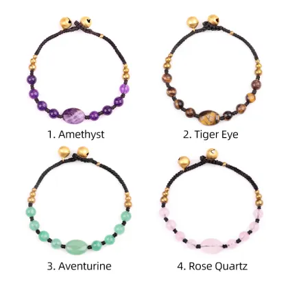 Natural Black Obsidian 6MM Beads Handmade Woven Golden Bell Bracelets for Women Girls