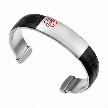Black Leather and Stainless Steel Medical ID Alert Cuff Bracelet, Suitable for Men and Women