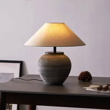 Retro Japanese Style Handmade Pottery Table Lamp with White Lampshade